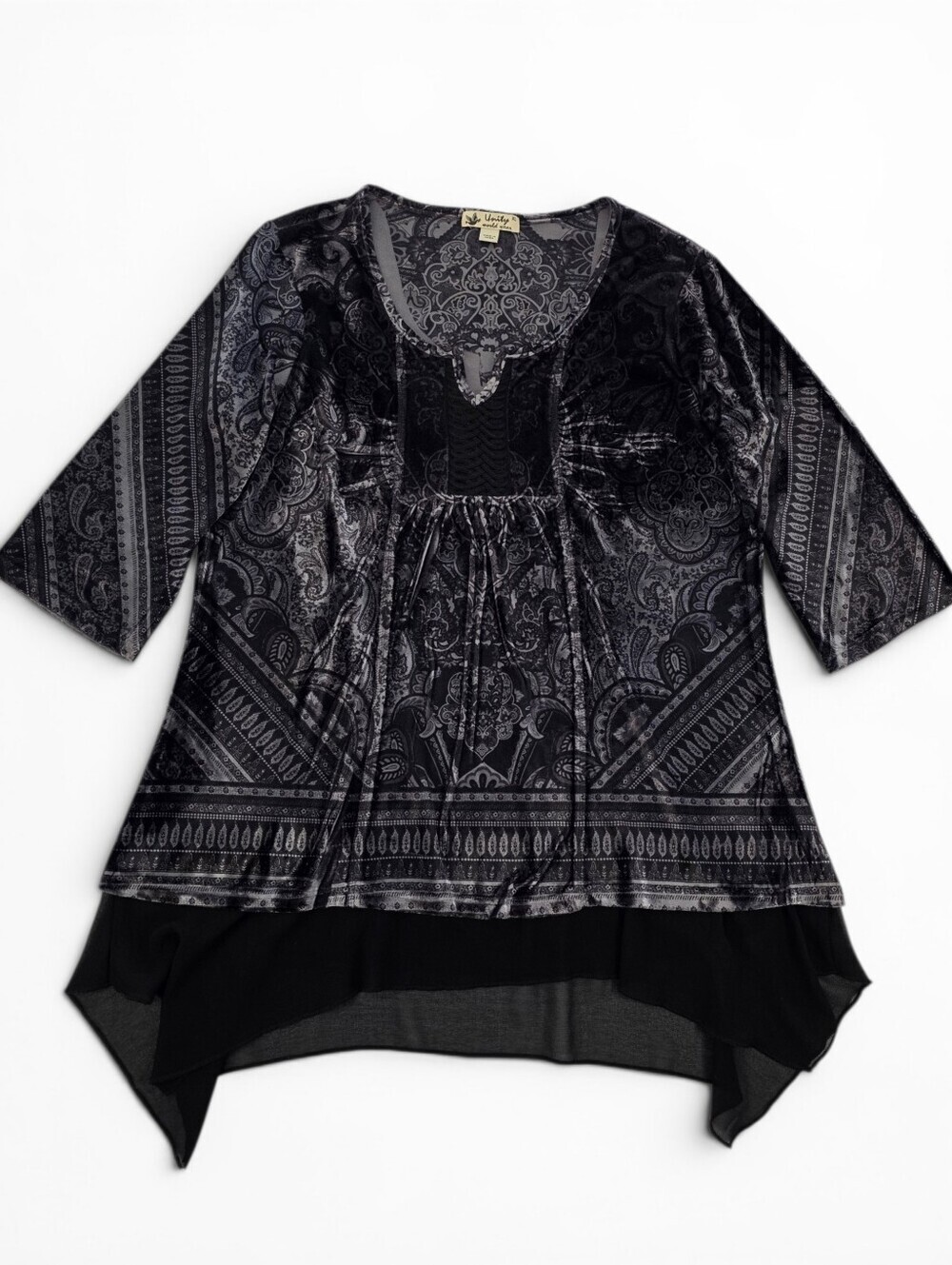 Velvet Paisley Tunic Top XL Sheer Chiffon Asymmetrical Hem Whimsigoth Boho